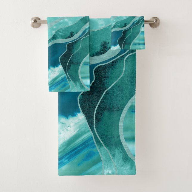 Soft Turquoise Teal Marble Agate Glam #1 #decor  Bath Towel Set (Insitu)