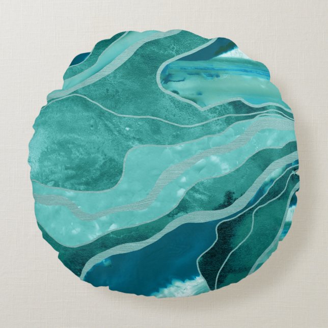 Soft Turquoise Teal Marble Agate Glam #1 #decor  Round Pillow (Front)