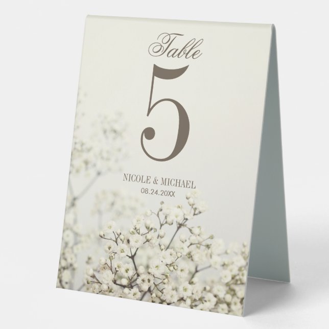 Soft Vintage Baby's Breath Wedding Number Table Tent (Front)