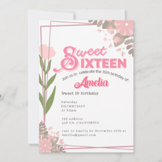 Soft vintage pink tulip floral Sweet 16 Invitation