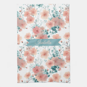 Soft Vintage Spring Pink Floral Personalized Kitchen Towel