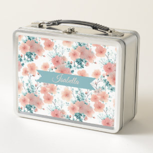 Soft Vintage Spring Pink Floral Personalized Metal Lunch Box