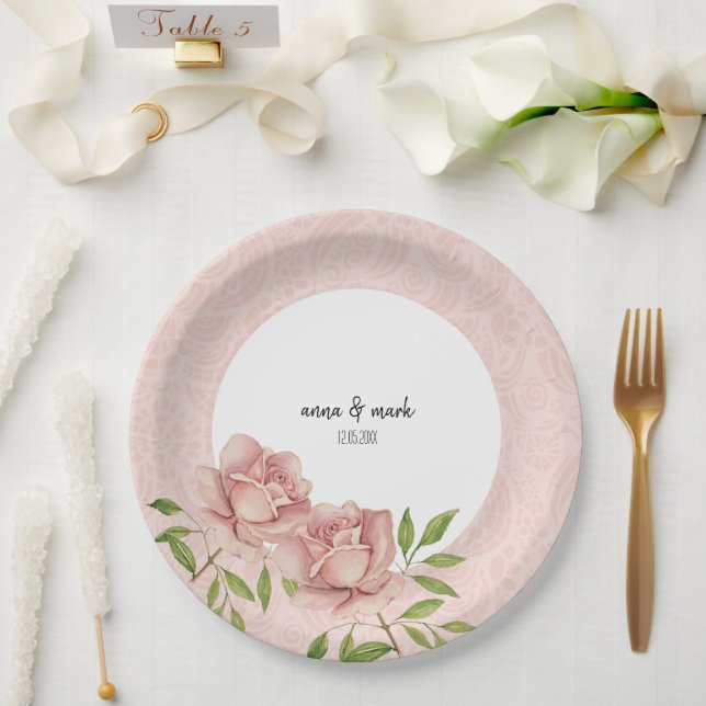 Soft Violet Blush Roses Watercolor Lace Paper Plates (Wedding)