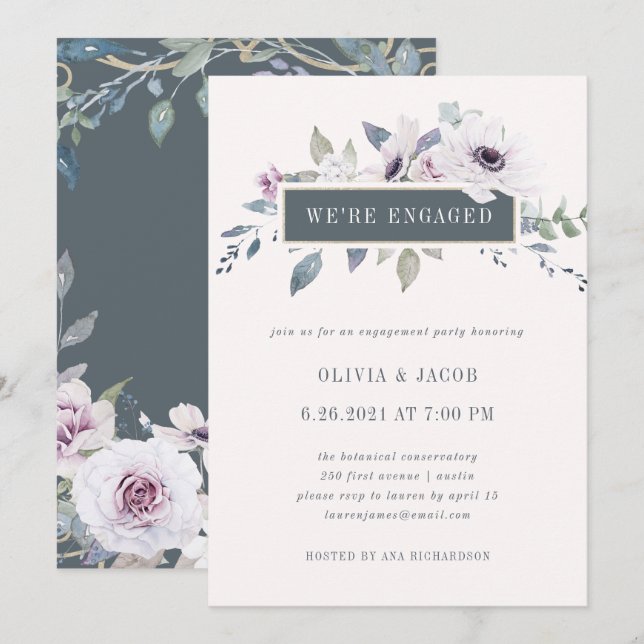 Soft Violet Floral Blush and Gray Engagement Party Invitation (Front/Back)