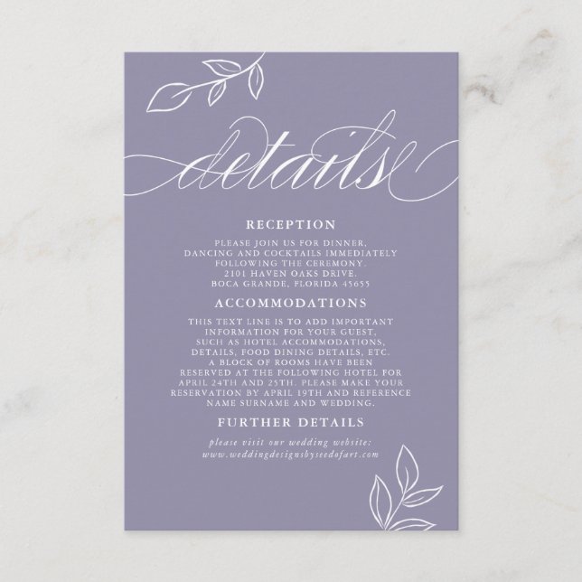 Soft Violet Minimal Leaf QR Code Wedding Details Enclosure Card (Front)