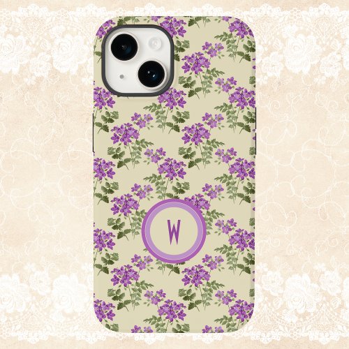 Soft Violet Pattern on Pale Yellow with Initial Case_Mate iPhone 14 Case