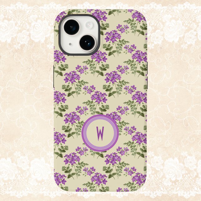 Soft Violet Pattern on Pale Yellow with Initial Iphone Case (Creator Uploaded)