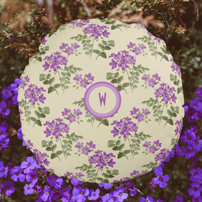 Soft Violet Pattern on Pale Yellow with Initial Round Pillow (Creator Uploaded)