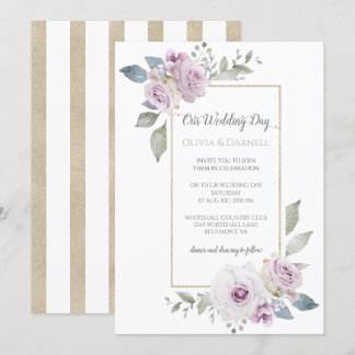Soft Violet Purple Lavender Gold Floral Wedding Invitation