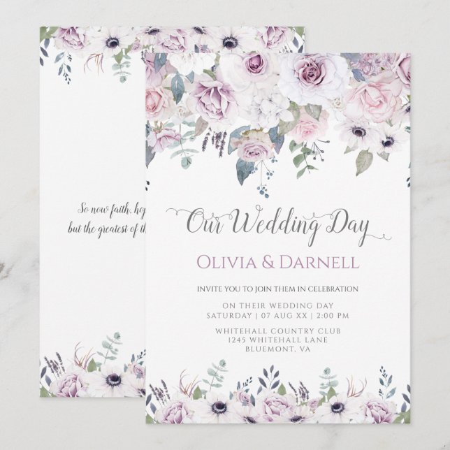 Soft Violet Purple Lavender White Floral Wedding Invitation (Front/Back)