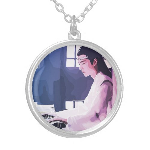 Soft Wangji Playing the Zither Silver Plated Necklace