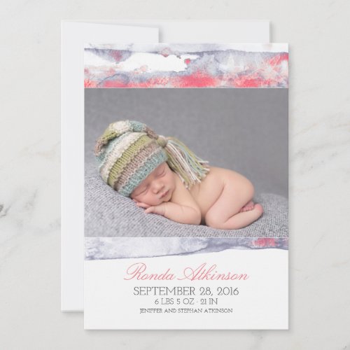 Soft Watercolor Beach Newborn Baby Photo Birth Announcement - Seaside pastel soft blue and pink watercolors newborn baby birth photo announcement. Look closer and discover - the design is hiding many underwater treasures: starfish couple, sand dollar, tropical fish, seashells and ocean corals