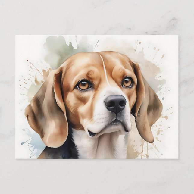 Soft Watercolor Beagle Portrait with Fluid  Postcard (Front)