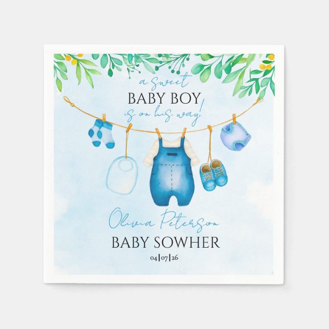 Soft Watercolor Blue Boy Baby Shower Napkins (Front)
