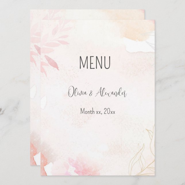Soft Watercolor Blush Floral Wedding Menu (Front/Back)