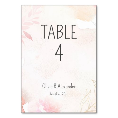 Soft Watercolor Blush Floral Wedding Table Number