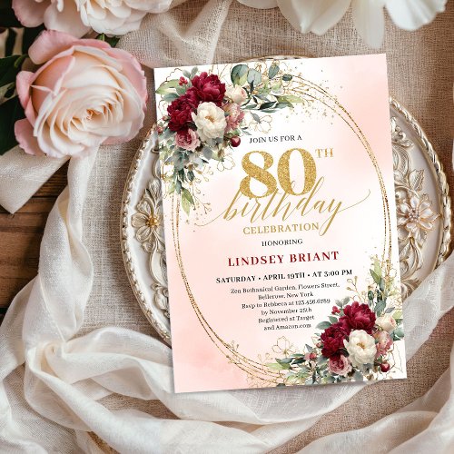 Soft Watercolor Burgundy Floral 80th Birthday 
