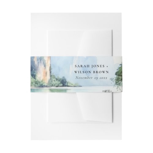 Soft Watercolor Coastal Thailand Seascape Address Invitation Belly Band