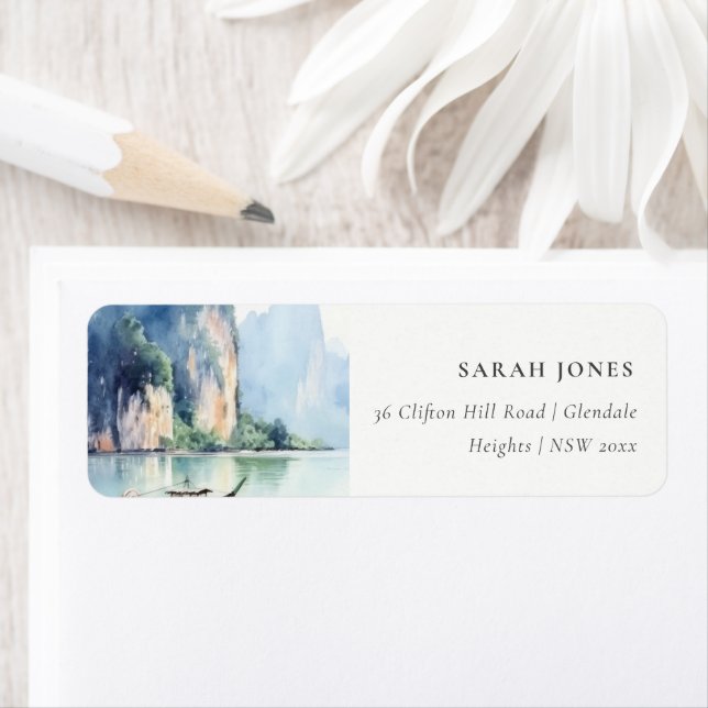 Soft Watercolor Coastal Thailand Seascape Address Label (Insitu)