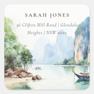 Soft Watercolor Coastal Thailand Seascape Address Square Sticker