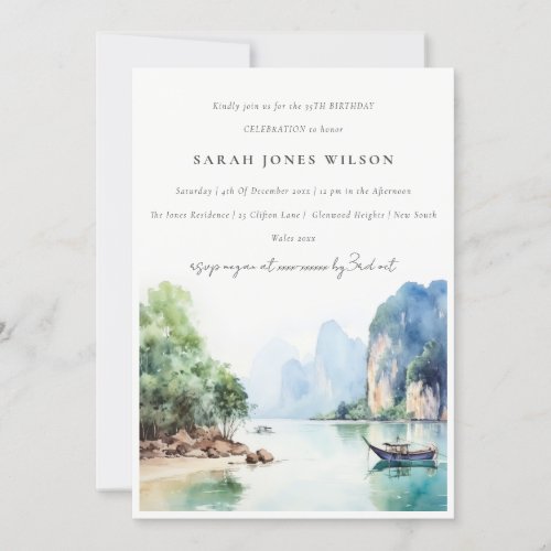 Soft Watercolor Coastal Thailand Seascape Birthday Invitation