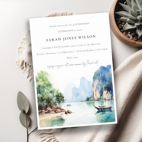 Soft Watercolor Coastal Thailand Seascape Birthday Invitation