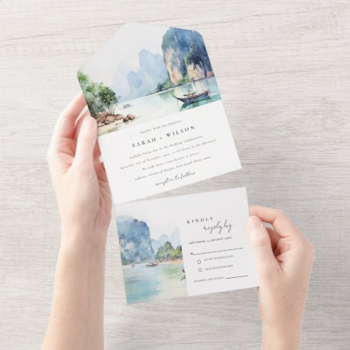 Soft Watercolor Coastal Thailand Seascape Wedding All In One Invitation