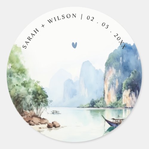 Soft Watercolor Coastal Thailand Seascape Wedding Classic Round Sticker