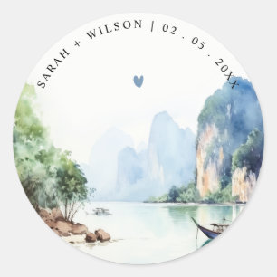 Soft Watercolor Coastal Thailand Seascape Wedding Classic Round Sticker