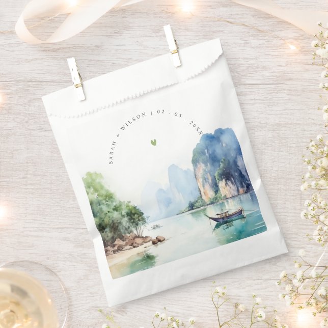 Soft Watercolor Coastal Thailand Seascape Wedding Favor Bag (Clipped)