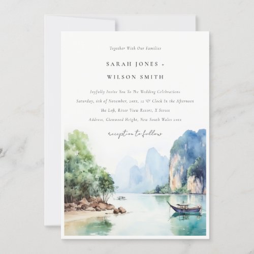 Soft Watercolor Coastal Thailand Seascape Wedding Invitation
