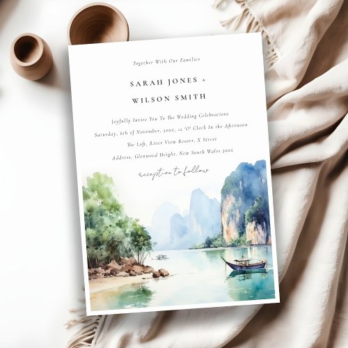 Soft Watercolor Coastal Thailand Seascape Wedding Invitation