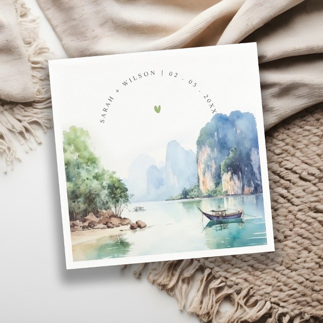 Soft Watercolor Coastal Thailand Seascape Wedding Napkins (Creator Uploaded)