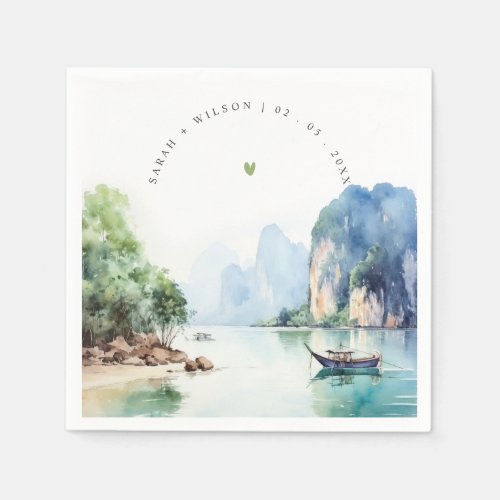 Soft Watercolor Coastal Thailand Seascape Wedding Napkins