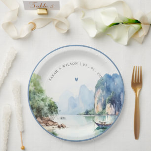 Soft Watercolor Coastal Thailand Seascape Wedding Paper Plates