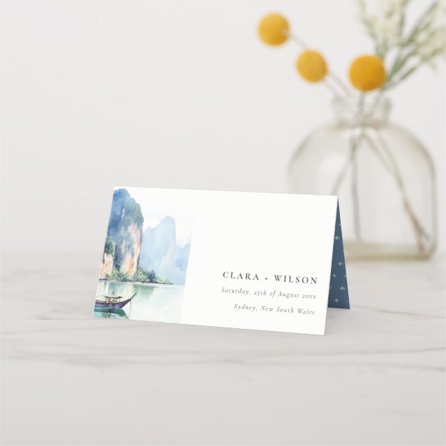 Soft Watercolor Coastal Thailand Seascape Wedding Place Card (Front)