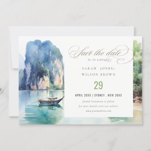 Soft Watercolor Coastal Thailand Seascape Wedding Save The Date