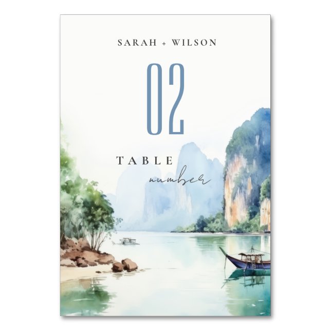Soft Watercolor Coastal Thailand Seascape Wedding Table Number (Front)