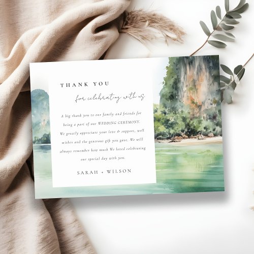 Soft Watercolor Coastal Thailand Seascape Wedding Thank You Card