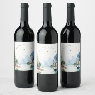 Soft Watercolor Coastal Thailand Seascape Wedding Wine Label