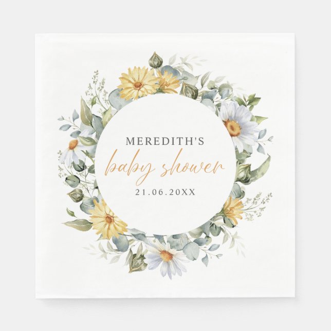 Soft Watercolor Daisy Wildflowers Baby Shower Napkins (Front)