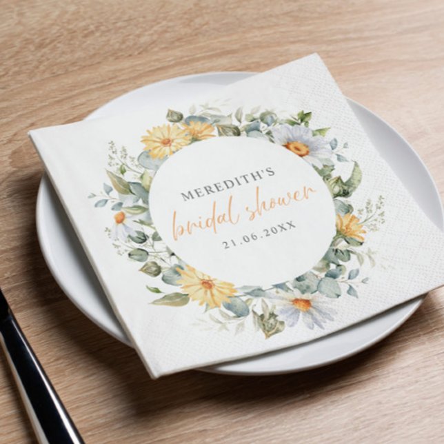 Soft Watercolor Daisy Wildflowers Bridal Shower  Napkins (Bridal shower rustic floral botanical themed napkins. with Yellow flowers and dasies and greenery)