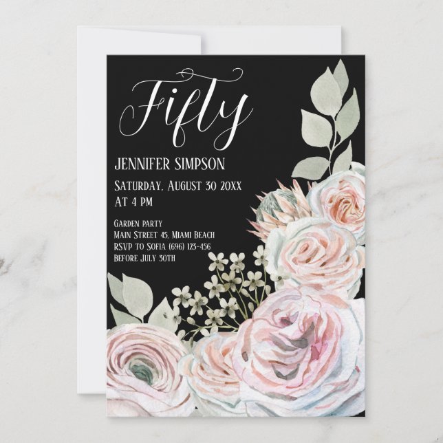 Soft watercolor delicate flowers  Black Birthday  Invitation (Front)