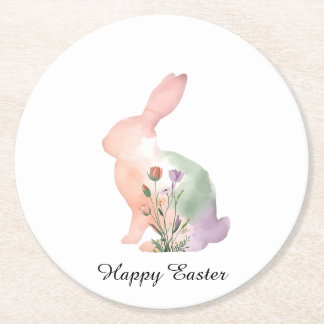 Soft Watercolor Easter Bunny Floral Silhouette  Round Paper Coaster
