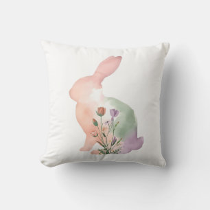 Soft Watercolor Easter Bunny Floral Silhouette Throw Pillow
