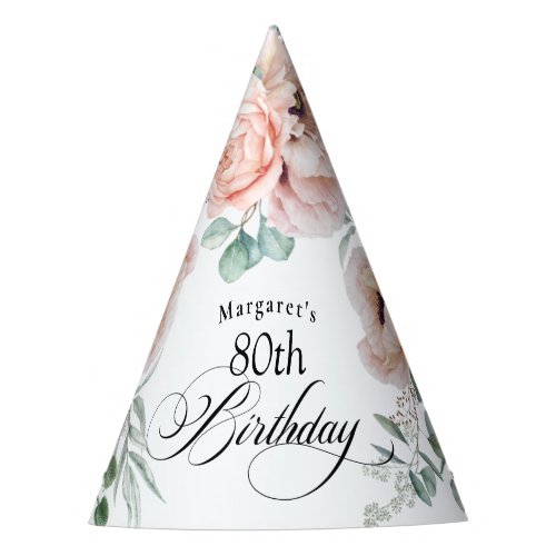 Soft Watercolor Floral 80th Birthday Party Hat