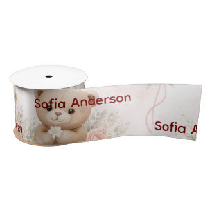 Soft Watercolor Floral Balloon blus bear Satin Ribbon