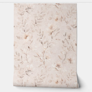 Soft watercolor floral branches neutral beige wallpaper
