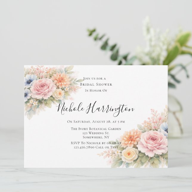 Soft Watercolor Floral Bridal Shower Invitation (Standing Front)