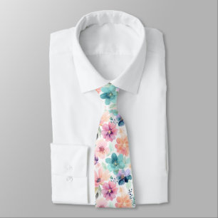 Soft Watercolor Floral Flowers in Pink Blue  Neck Tie